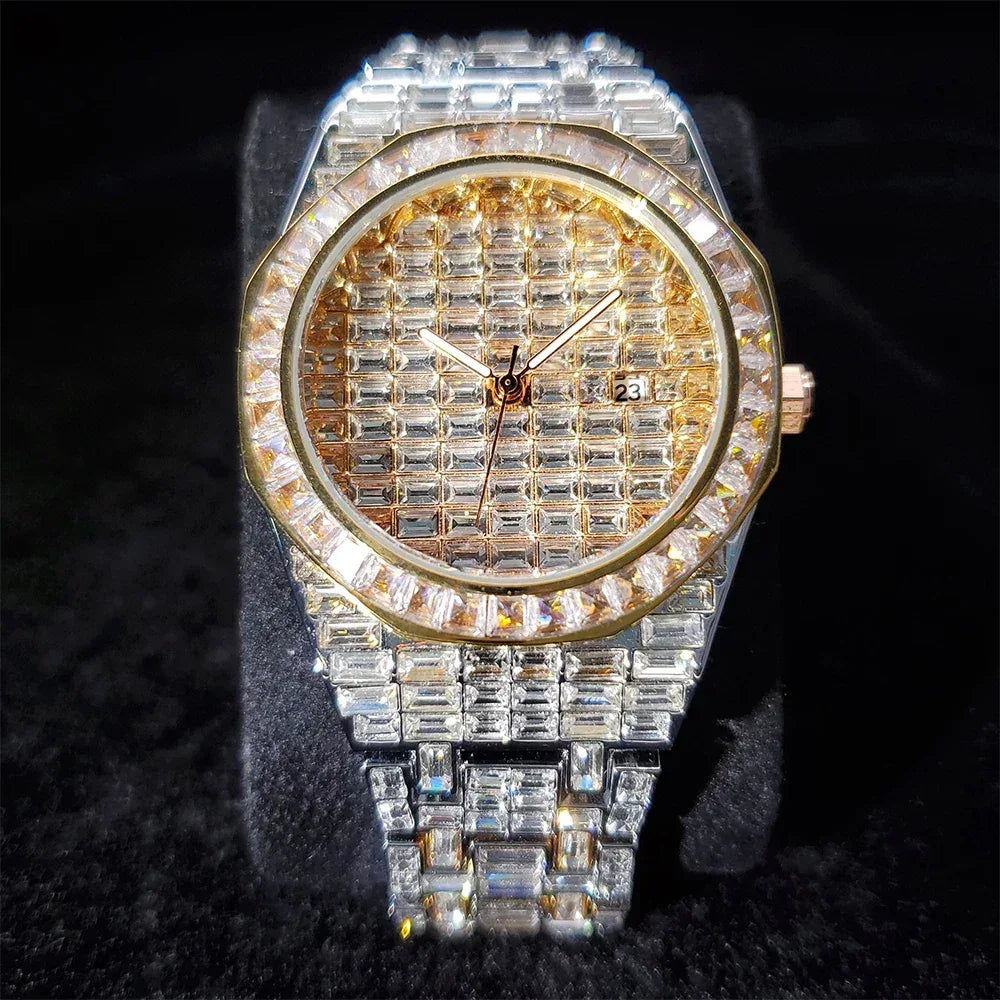 Luxury Hip Hop Men's Watch | Silver Iced Out Watch with Date | Top Brand Quartz Wristwatch | Reloj Hombre | Caratix - CaratixJewelry
